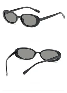 Detailed views of vintage oval sunglasses with sleek black frames and dark lenses