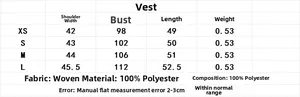 Detailed size chart for the women fleece vest with chest, shoulder, and length measurements