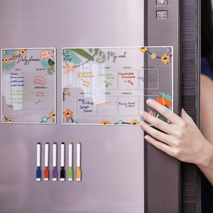 Macro detail of acrylic fridge calendar with colorful fine tip dry erase markers