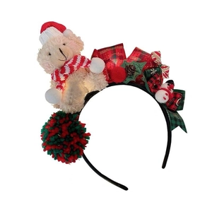 Weihnachts-LED-Haarreif mit Plüschbär, rot-grünen Pompons und festlicher Schneemann-Deko