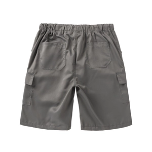 Men's dark grey cargo shorts with elastic waist and back pockets on white background