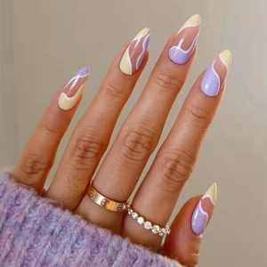 Abstract Wave Lavender Pale Yellow Long Almond Press On Nails Glossy Simple Style Artificial Fingernails For Women Daily Wear