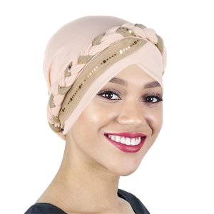 Pink sequin braid turban hat for women with stylish twisted knot and glitter accents