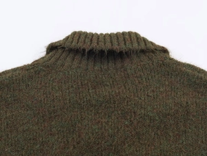 Detailed close-up of dark green mohair knit cardigan collar with ribbed texture
