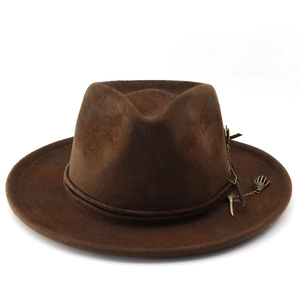 Retro brown distressed fedora hat with skull charm and feather for sun protection