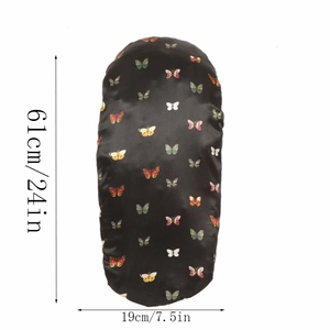 Detailed view of black satin bonnet with butterfly print showing dimensions 61x19 cm