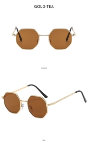 Detailed views of gold metal octagonal sunglasses with translucent tea lenses from two angles