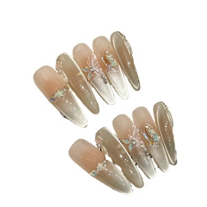 Faux ongles œil de chat champagne de luxe avec papillons 3D et strass étincelants