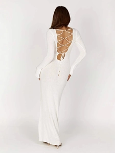 White long sleeve knitted backless maxi dress with stylish crisscross lace-up design