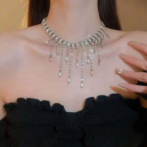 Elegant close-up of a sparkling silver rhinestone fringe necklace worn by a model
