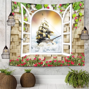 Window view tapestry with a 3D sailing ship, pink roses and white arched window frame