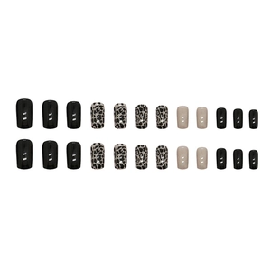 Dark aesthetic black leopard print press-on nails in elegant square medium-long style