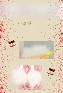 Detail of Christmas wine bottle cover with pink sequins and white faux fur trim decor