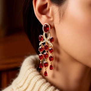 Detail of vintage gold tassel earrings with red zircons worn by a model in soft lighting