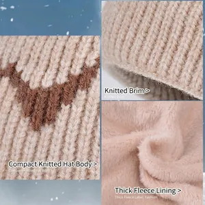 Winter beige knitted beanie with thick fleece lining for warmth and protection