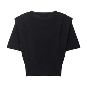 Minimalist black knit short top with structured padded shoulders and ribbed waist hem