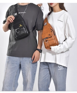 Detail view of retro waterproof chest bags in black and brown leather with deer logo
