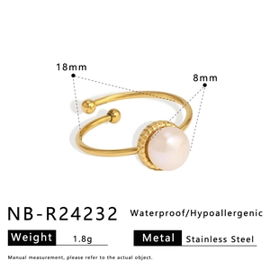 Detail of 1.8g gold stainless steel ring with 8mm pearl including dimension specs