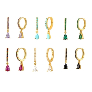 Luxurious gold huggie earrings set with colorful pear-shaped crystal stone pendants