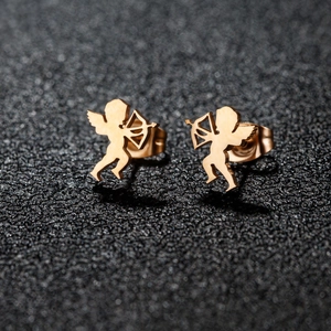Rose gold Cupid angel stud earrings in stainless steel with bow and arrow design