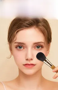 Close-up of a large soft fiber makeup brush sweeping across skin for smooth powder application