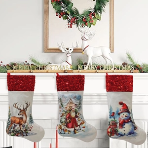 Three Christmas stockings with sequins featuring Santa, reindeer, and snowman on a mantel
