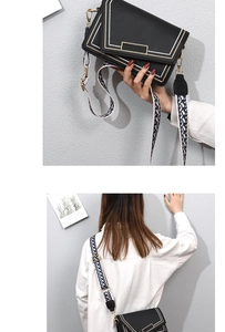 Close-up of black PU leather crossbody bag with white stitching and woven geometric strap