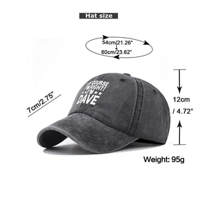 Detailed size specifications for washed cotton baseball cap with embroidered text