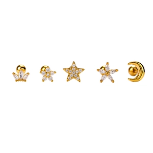 Five-piece gold moon and star stainless steel tragus earrings set with cubic zirconia