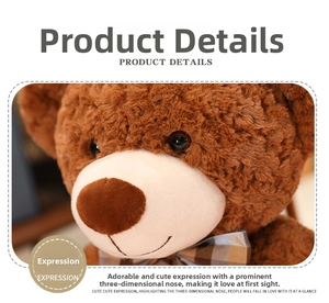 Close-up of a brown teddy bear plush with curly fur, button eyes, and a classic plaid bow