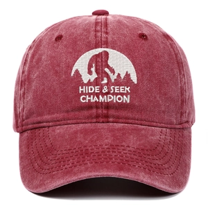 Vintage burgundy washed cotton baseball cap with white Sasquatch embroidery and slogan