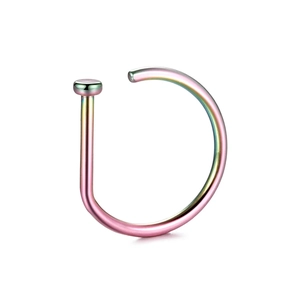 Close-up of D-shaped stainless steel body jewelry with a vibrant rainbow finish