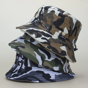 Detailed view of three camouflage sun hats in jungle, green and gray tactical patterns
