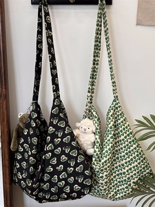 Large Capacity Cotton Canvas Tote Bag Floral Heart Print Korean Style Casual Shoulder Bag For Women