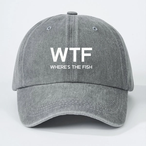 Detailed close-up of WTF Where's The Fish print on washed grey denim baseball cap