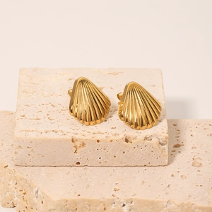 Elegant 18k gold plated stainless steel shell stud earrings on a stone base