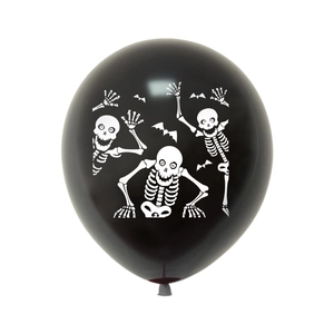 Detail of black latex Halloween balloon featuring white dancing skeletons and bats