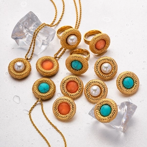 Bohemian 18k gold hammered metal jewelry set with turquoise, pearl and opal stones