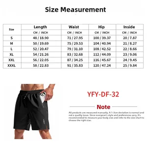 Detailed size chart for men's shorts showing waist, hip, and length measurements
