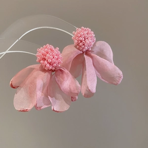 Macro shot of pink fabric flower earrings with beaded studs and organza petals