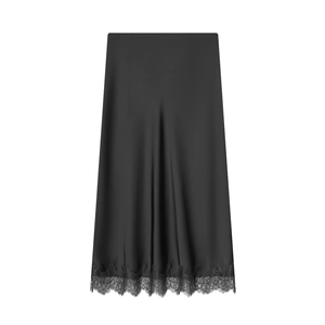 Elegant black satin midi skirt featuring delicate lace trim hem and A-line silhouette