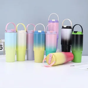 Insulated Tumbler Stainless Steel Vacuum Travel Mug With Handle And Straw Gradient Portable Large Capacity