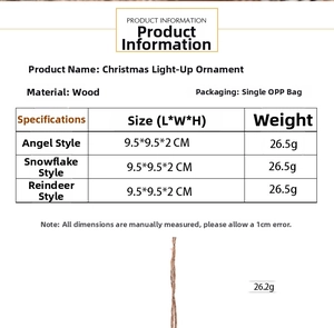Detail view of the illuminated wooden Christmas ornament showing dimensions and net weight
