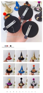 Detail view of Halloween mini witch hat hair clips with pumpkin and bat decorations