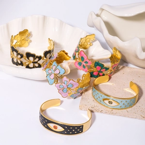 Stainless Steel Cuff Bracelet Enamel Evil Eye Butterfly 18K Gold Plated Vintage Bohemian Open Bangle Jewelry For Women