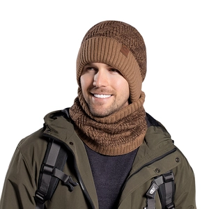 Winter knitted beanie hat and neck warmer set for men in warm brown thick yarn