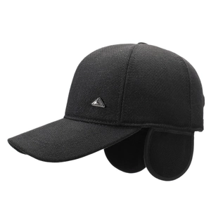 Men's winter baseball cap in black wool blend with ear flaps and metal logo detail