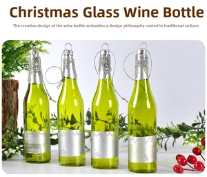 Detail of four painted glass wine bottle ornaments with silver sequins for Christmas trees