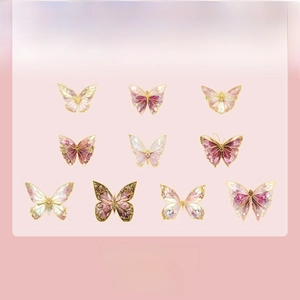 Detail of 20 butterfly-themed PVC stickers with gold foil and translucent texture