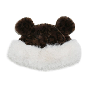 Detail showing the brown leopard print faux fur texture and cute bear ears on the warm hat
